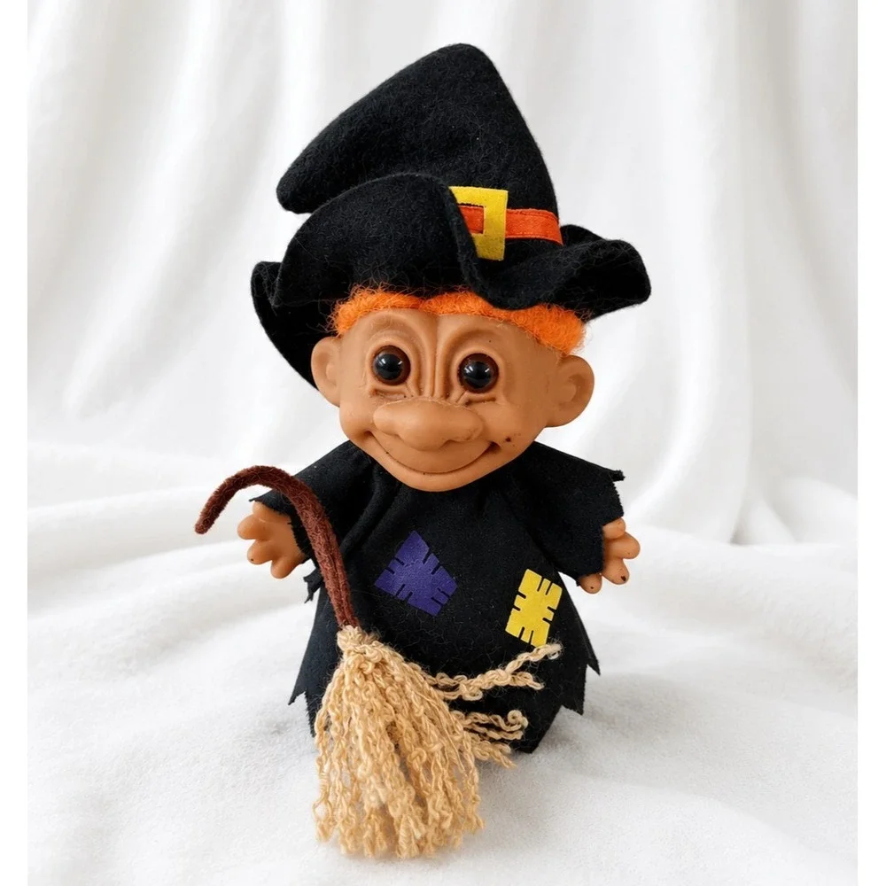 Russ Halloween Witch Troll Doll Orange Hair Black Hat Broom Vintage Figure 5